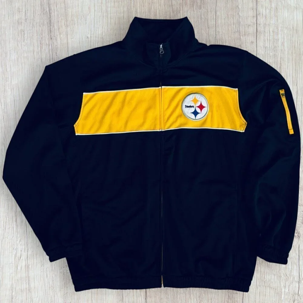 NFL Pittsburgh Steelers Full Zip Black Gold Embroidery Logo Track Jacket Mens XL